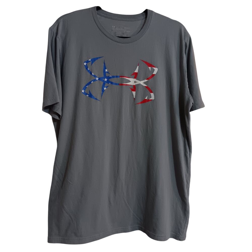 Underarmour Men's Tshirt Size Large Gray Red White Blue logo Heatgear